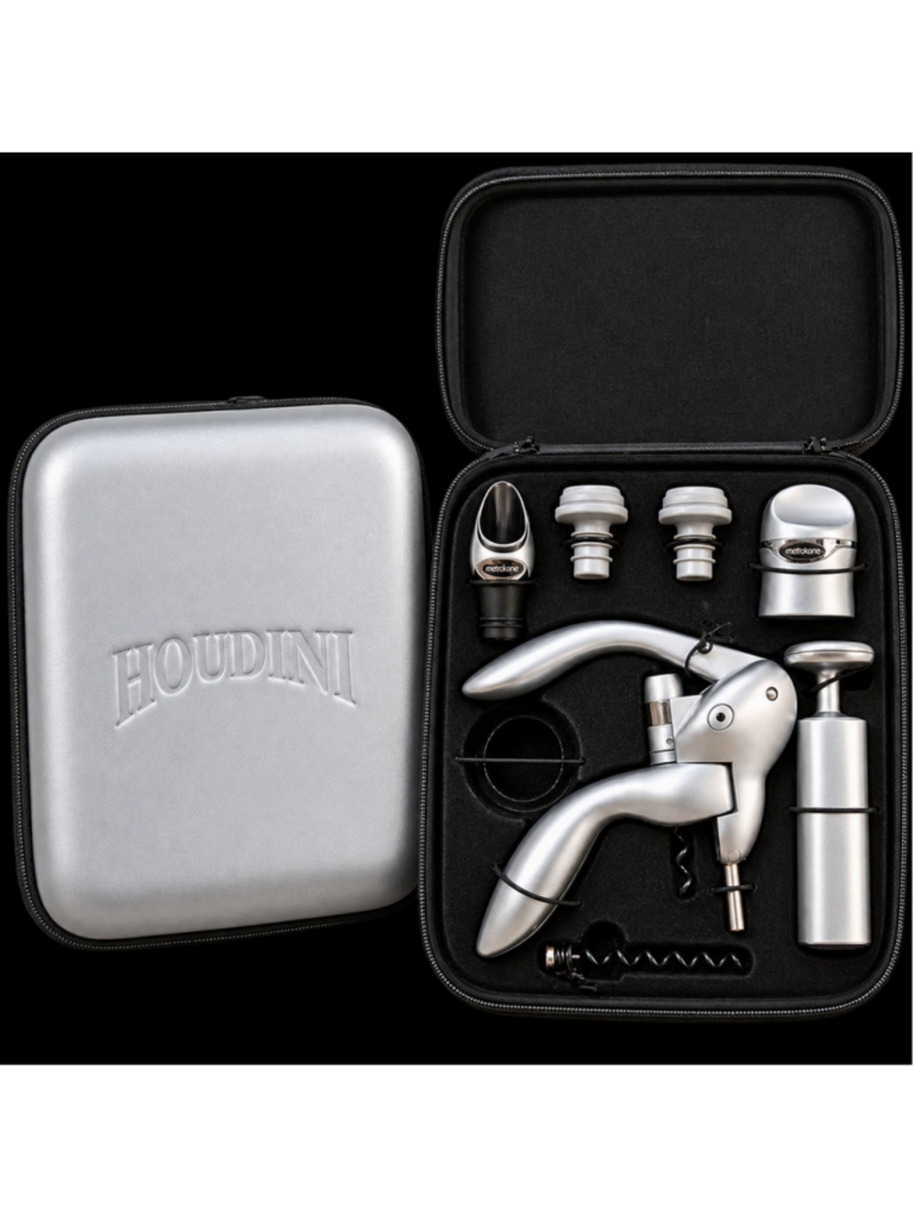 Houdini Metrokane Wine Tool Set Lever Corkscrew Opener Accessories Case Unused
